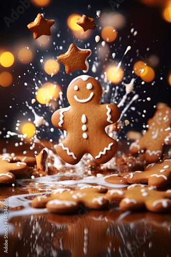 Gingerbread cookie in a milk splash. Traditional Christmas dessert. Generative Ai