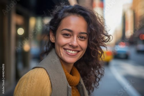 Stylish young Latin American woman, casually dressed, stands on a lively city street, radiating urban charm with her confident smile.