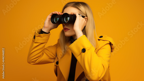 businesswoman with binoculars isolated on yellow background  photo