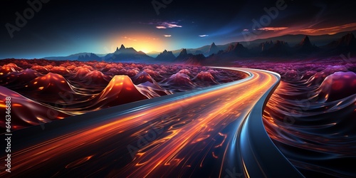 abstract background, banner with light effects of traces from high-speed traffic on the highway, neon bright lights and glare on a dark background 
