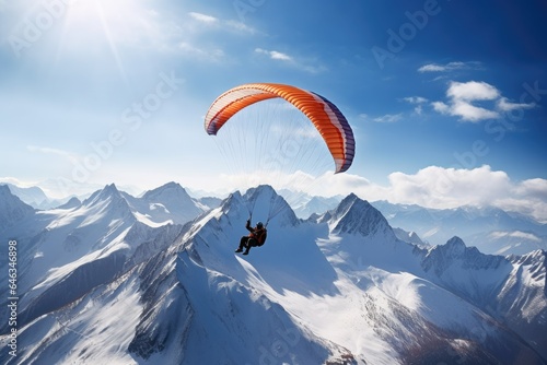 paraglider in blue mountain landscape in cold winter