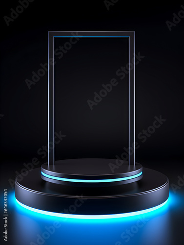 Black neon led light podium empty pedestal product display scene for product placement 3d abstract background