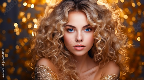 beauty blond young woman with curly hair on golden glitter background. hairstyle concept. free space