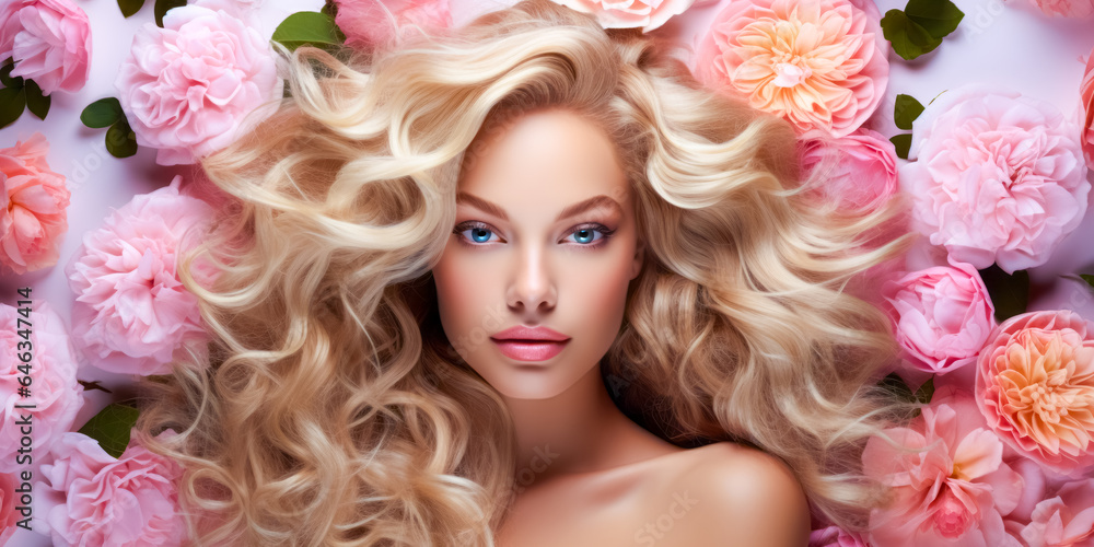 Beauty blonde woman long wavy hair, healthy skin, natural makeup, blue eyes on flowers background