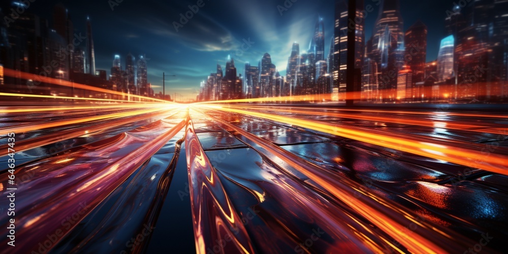 abstract background, banner with 
light effects of traces from high-speed traffic on the highway, neon bright lights and glare on a dark background 