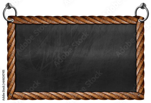 Fototapeta Naklejka Na Ścianę i Meble -  Old empty blackboard with wooden rectangular frame in the shape of brown ropes and steel rings for hanging. Isolated on white or transparent background and copy space, template, photography. Png.