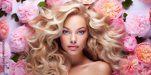 Beauty blonde woman long wavy hair, healthy skin, natural makeup, blue eyes on flowers background © zamuruev