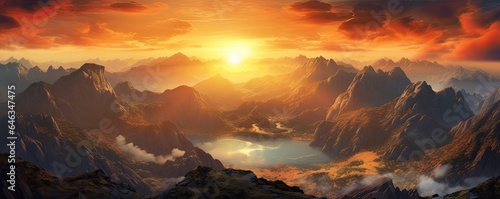 Sunrise over a mountain photo realistic illustration - Generative AI.