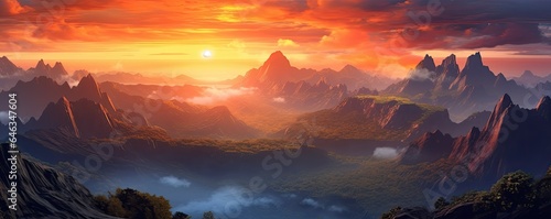 Sunrise over a mountain photo realistic illustration - Generative AI.