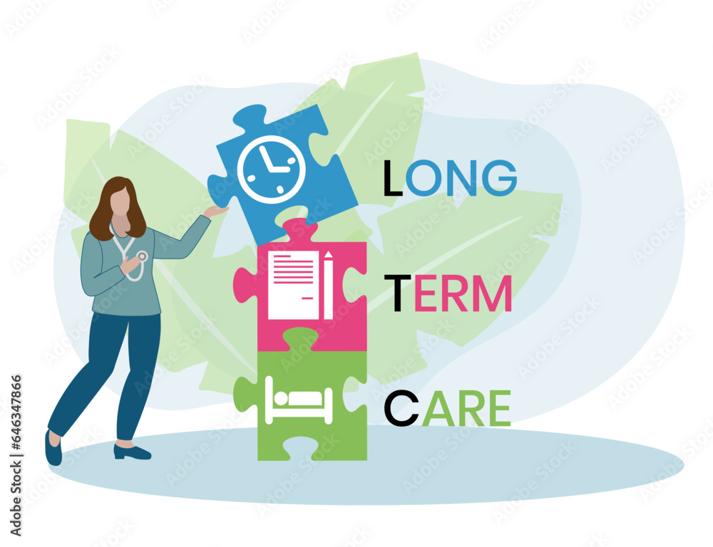 LTC - Long Term Care acronym, medical concept background. vector illustration concept with keywords. lettering illustration with icons for web banner, flyer, landing page