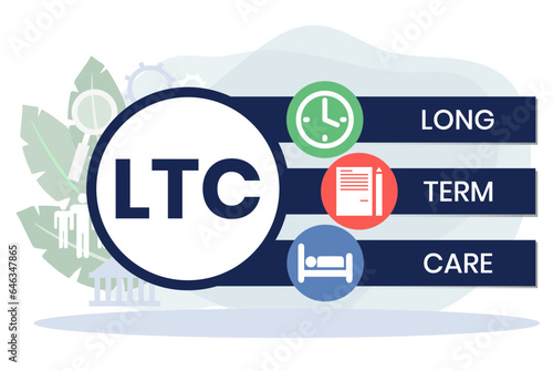 LTC - Long Term Care acronym, medical concept background. vector illustration concept with keywords. lettering illustration with icons for web banner, flyer, landing page