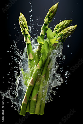 Asparagus in a water splash with black background