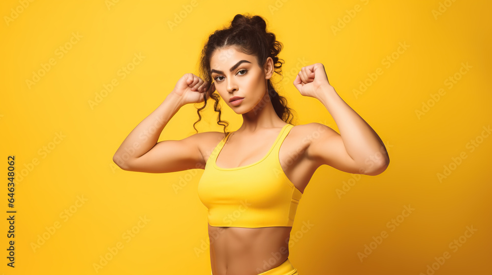 fit woman wearing sport clothes, isolated on yellow background