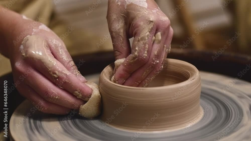 Potter girl works on potter's wheel, making ceramic pot out of clay in pottery workshop. Art and hobby concept. slow motion Potter girl works on potter's wheel, making ceramic pot out of clay in pottery workshop. Art and hobby concept. slow motion