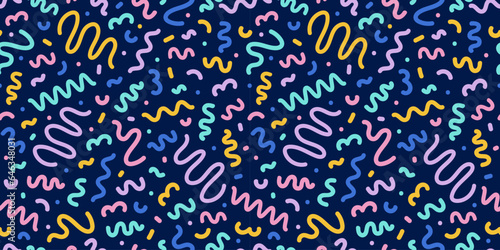 Colorful seamless pattern of the 80s 90s with geometric figures and doodles. Vector childrens background in Memphis style