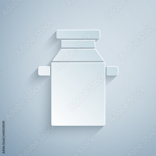 Paper cut Can container for milk icon isolated on grey background. Paper art style. Vector