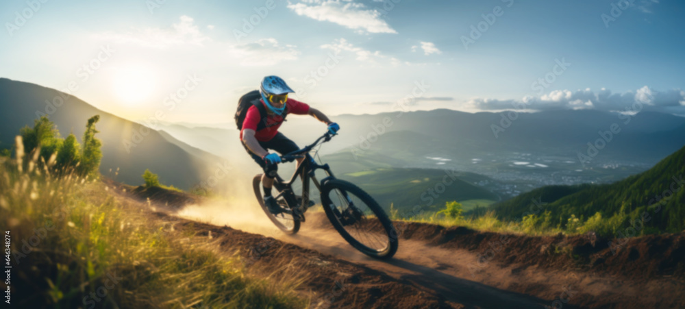 Men cyclists cycling on a beautiful summer forest trail mountain trail in the morning. Blurred image