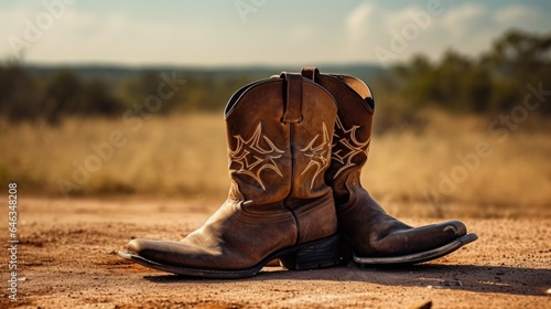 A pair of brown leather cowboy boots in a natural background