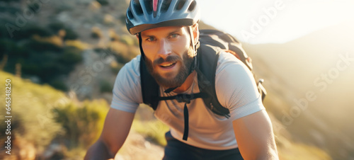 Men cyclists cycling on a beautiful summer forest trail mountain trail in the morning. Blurred image © chiew