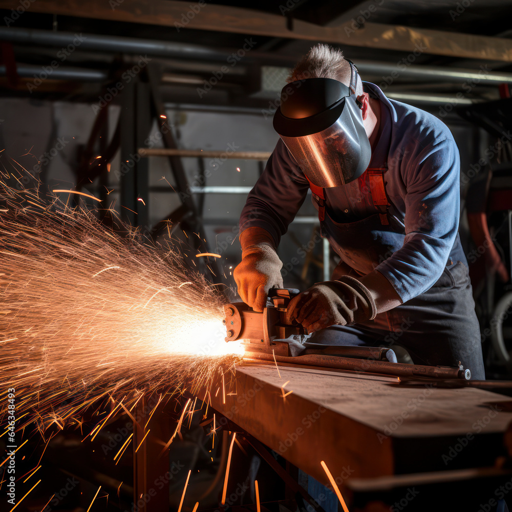 metal saw cutting beam with sparks flying. metal saw cutting beam with sparks flying.