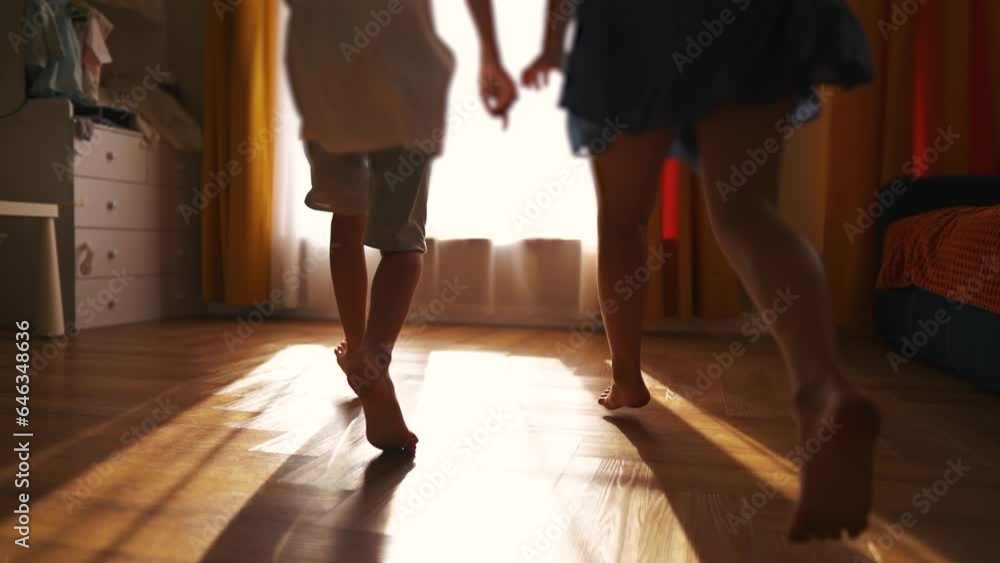 children run around the house barefoot. happy family childhood dream concept. a group of little