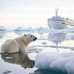 polar bear looking into water with ice breaker in background.