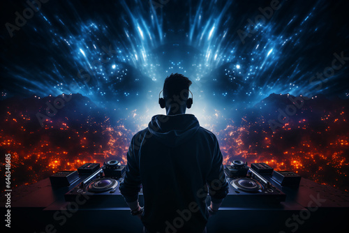 Back view of a DJ on a stage at a festival in front of many people with neon lights