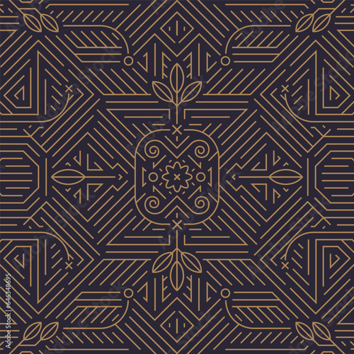 Vector art deco gold black seamless pattern. Geometric line vintage motif. Elegant, fancy luxury design for wallpaper print, packaging, wrapping paper, package, wedding gift