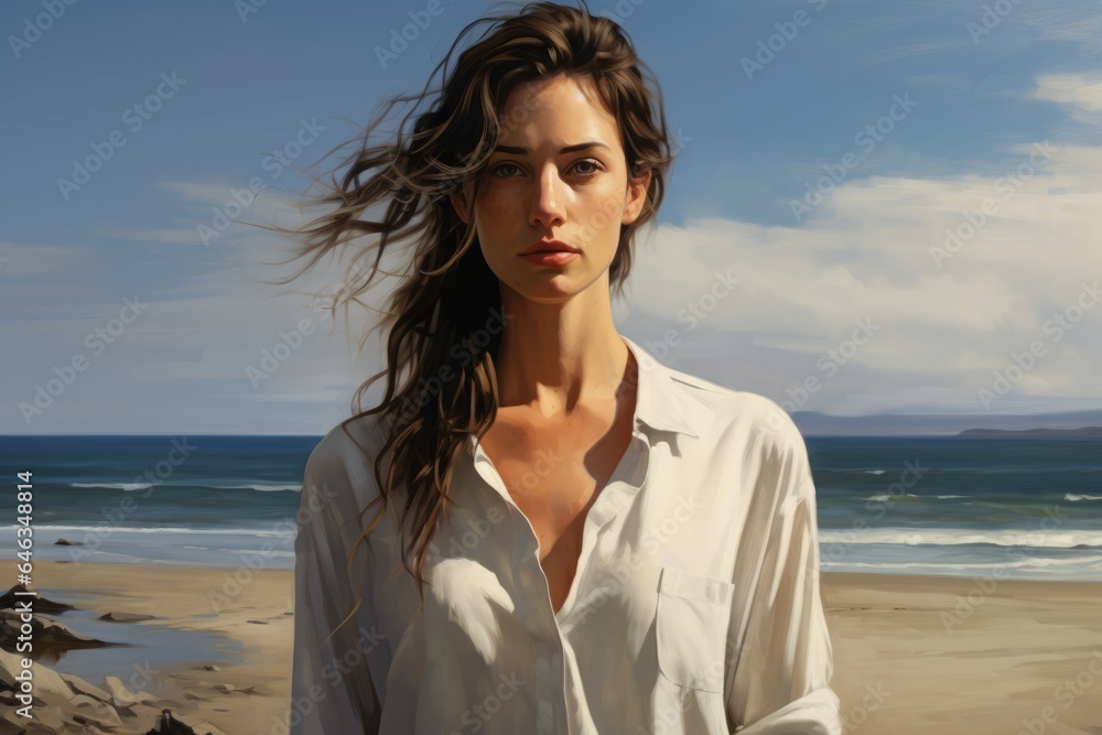 Depiction american white woman at ocean beach. Generate Ai