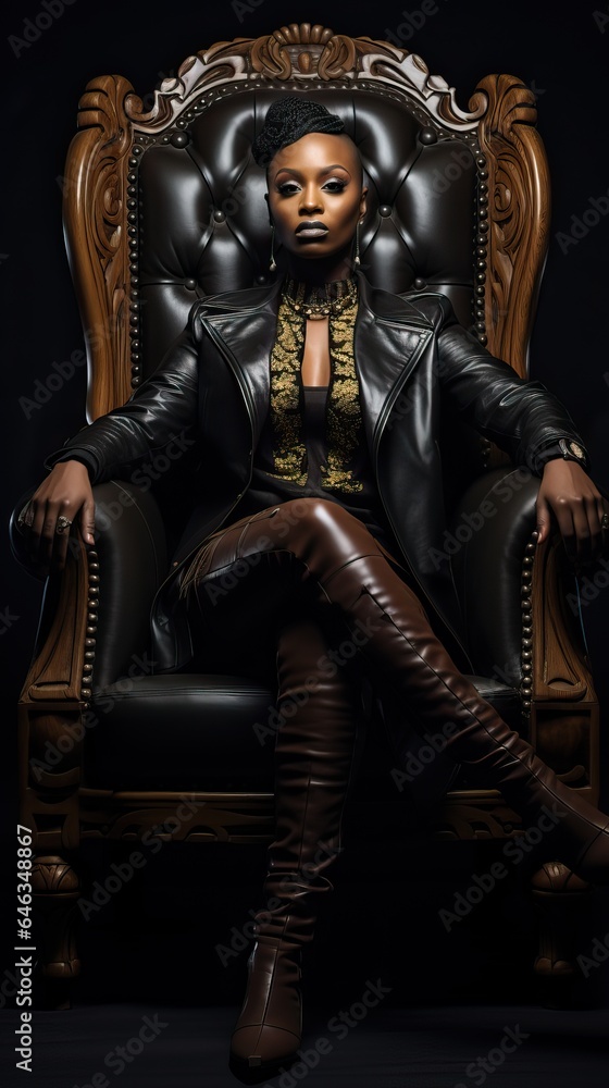 African Woman Boss sitted on a Huge Armchair.