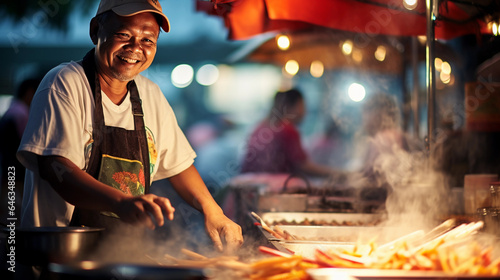 Street food vendor in Bangkok  cooking Pad Thai  vibrant night market atmosphere  neon signs  wok flare  smoke rising