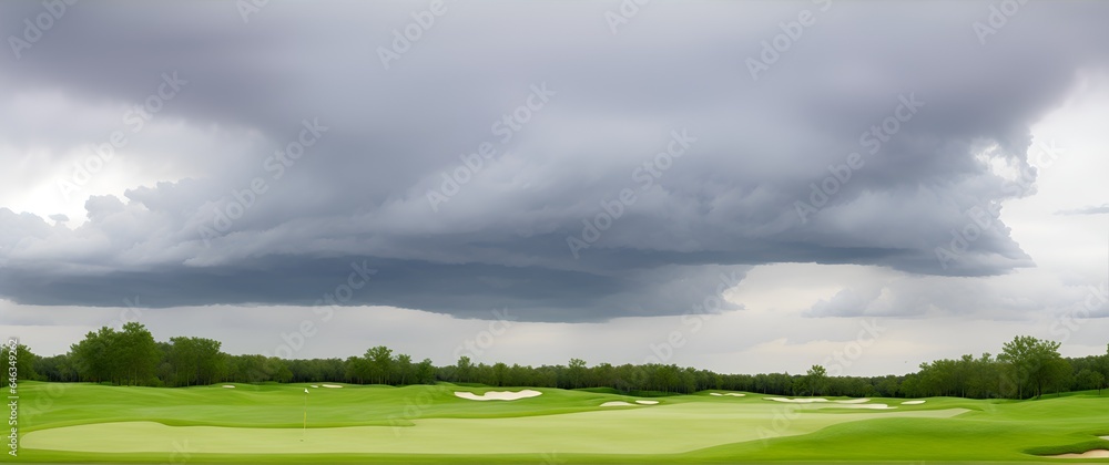 Golf course landscape with stormy cloudy sky from Generative AI