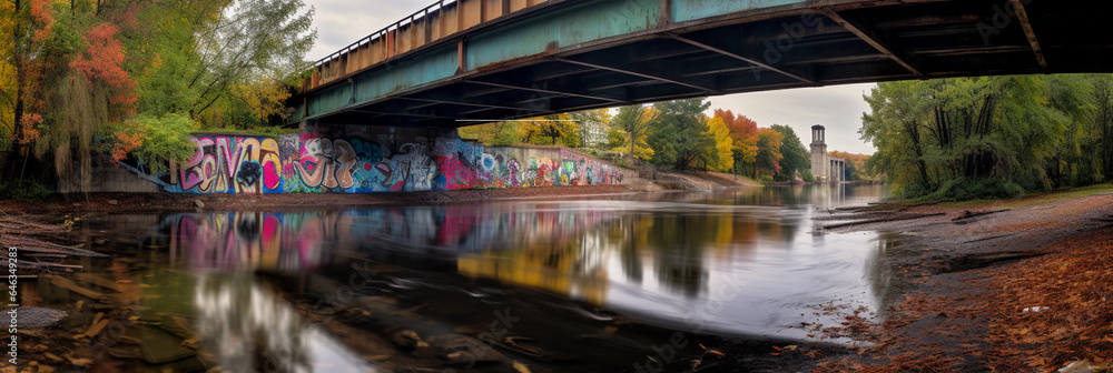 Hyper - realistic, urban river flowing under a graffiti - covered bridge, overcast skies, early morning, saturated colors