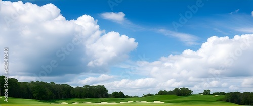 Golf course landscape with blue cloudy sky from Generative AI