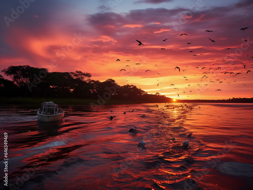 Mighty Amazon River, set at sunrise, with pink dolphins swimming © Marco Attano