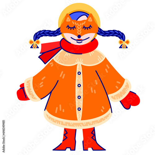 A little girl in a fur coat and a fox mask. New Year atmosphere.