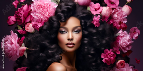 brunette with gorgeous voluminous long dense hair surrounded pionies. hair dye  hairstyle  haircare
