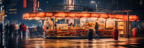New York City hot dog stand  Times Square  dusk  glowing lights  urban rush  bokeh background