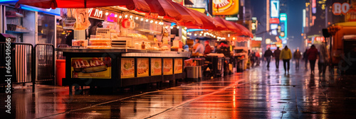 New York City hot dog stand, Times Square, dusk, glowing lights, urban rush, bokeh background