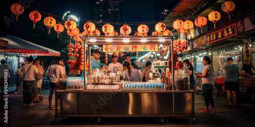Night market in Taiwan, bubble tea stall, glowing lanterns, diverse crowd, photorealistic