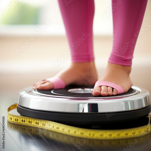 womans legs on scale with tape measure - weight loss.