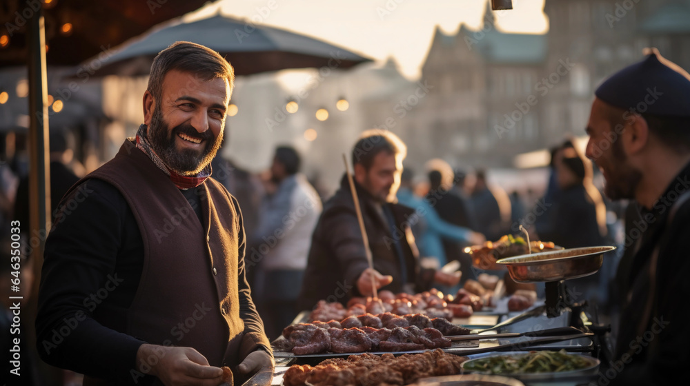 Street food scene in Istanbul, grilling lamb skewers, bustling bazaar in the background, aromatic spices in the air Street food scene in Istanbul, grilling lamb skewers, bustling bazaar in the background, aromatic spices in the air