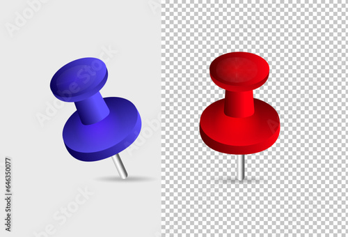 A collection of various red and blue push pins. Thumbtacks. Top view. Vector illustration.