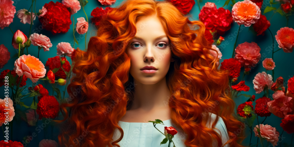 redhaired girl with gorgeous voluminous long dense hair on flowers background. hair dye, hairstyle redhaired girl with gorgeous voluminous long dense hair on flowers background. hair dye, hairstyle