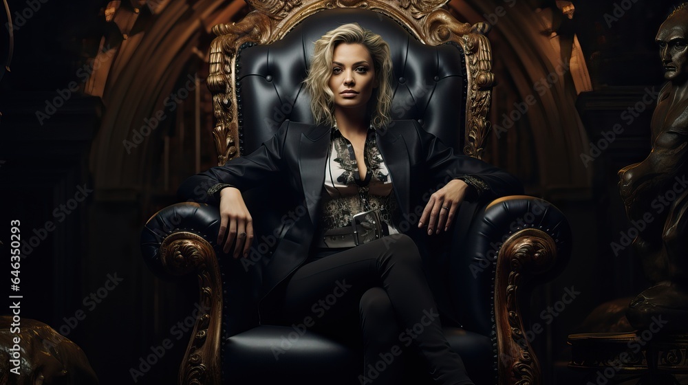 European Woman Boss sitted on a Huge Armchair.