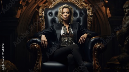 European Woman Boss sitted on a Huge Armchair.