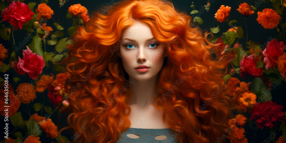 redhaired girl with gorgeous voluminous long dense hair on flowers background. hair dye, hairstyle