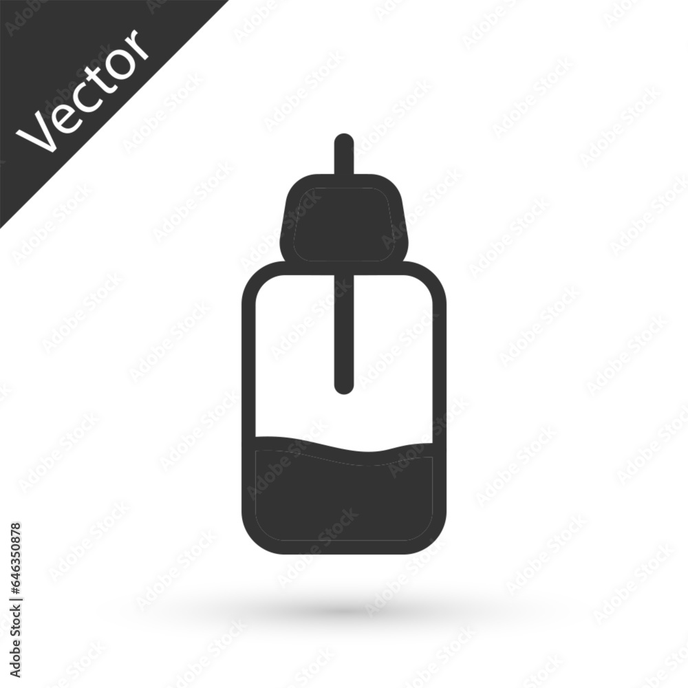 Grey Essential oil bottle icon isolated on white background. Organic aromatherapy essence. Skin care serum glass drop package. Vector Grey Essential oil bottle icon isolated on white background. Organic aromatherapy essence. Skin care serum glass drop package. Vector