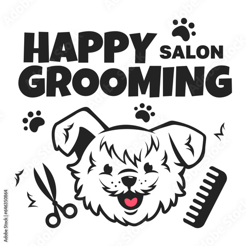 Happy grooming salon illustration cartoon vector logo. Cute dog with paw prints and barber tools