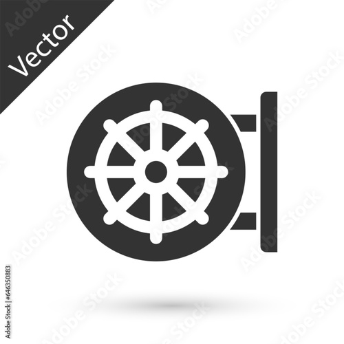 Grey Dharma wheel icon isolated on white background. Buddhism religion sign. Dharmachakra symbol. Vector